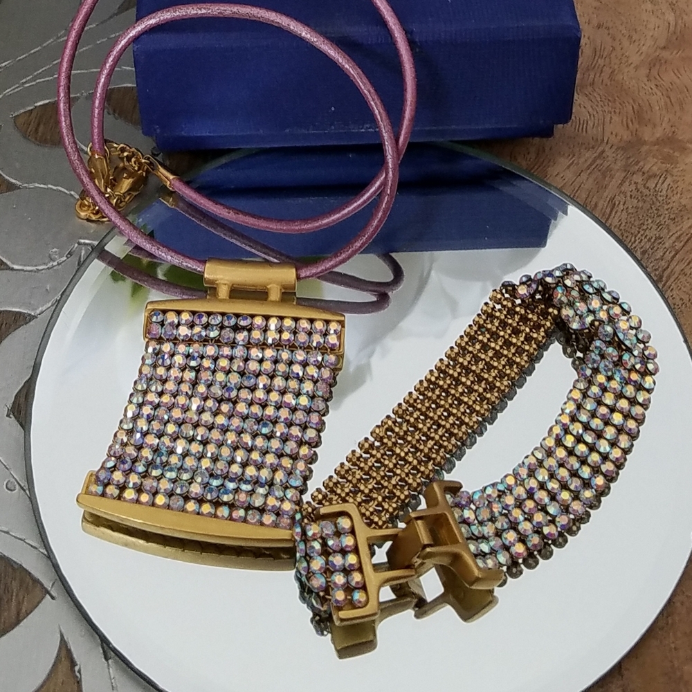 AUTHENTIC RARE Vintage Swarovski Mesh Aurora Borealis SET Necklace & Bracelet - Picture 12 of 17